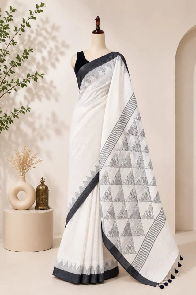 Pure Linen Saree With White & Black Border AA315946