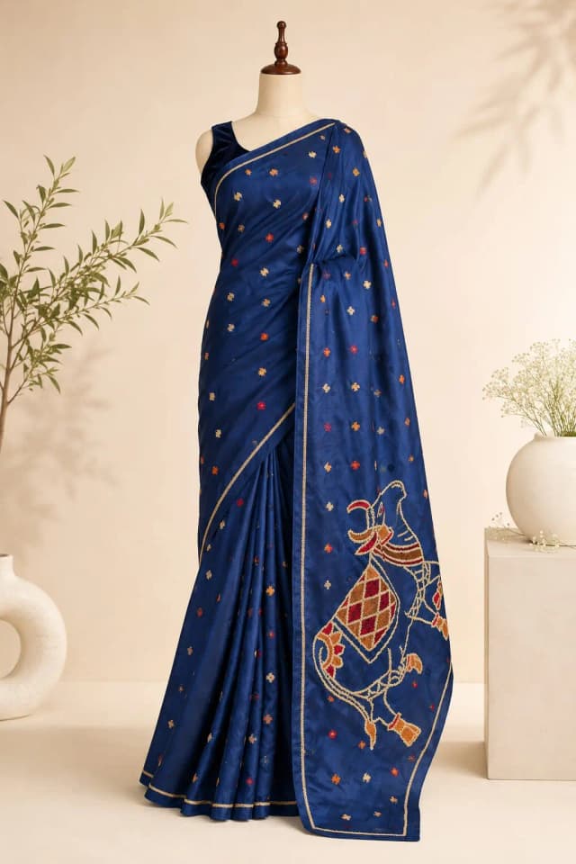 Semi Tussar Saree Dark Navy Blue Colour AA317307