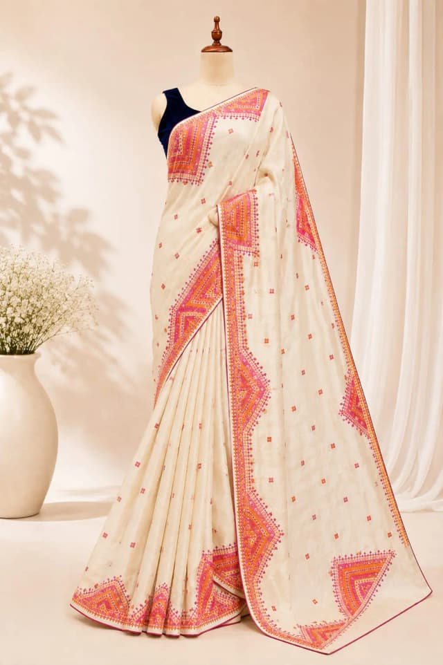 Semi Tussar Kutch Work Saree Off White Colour AA317701