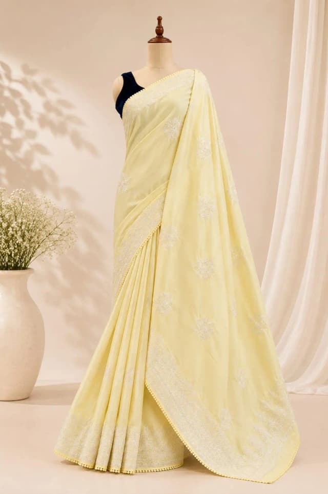 ChikanKari Work Saree Yellow Colour AA317305