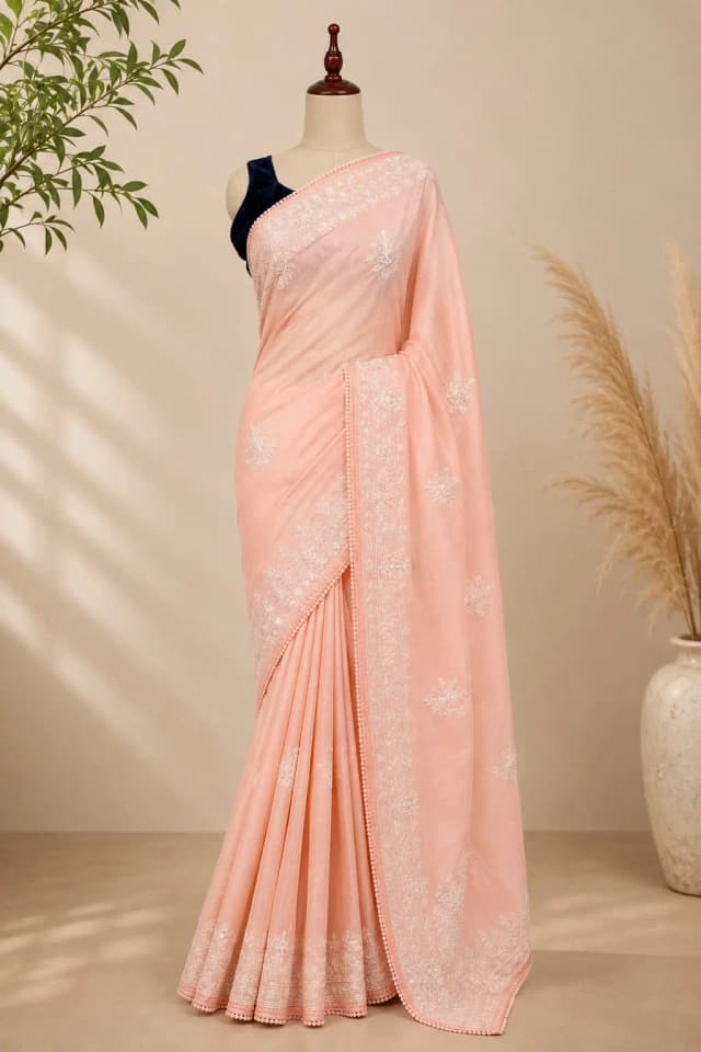 ChikanKari Work Saree Peach Colour AA317305