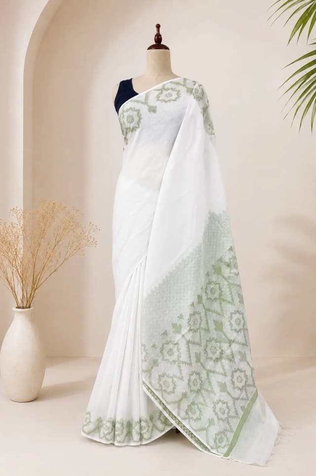 Cotton Saree White Colour Green Border AA202904