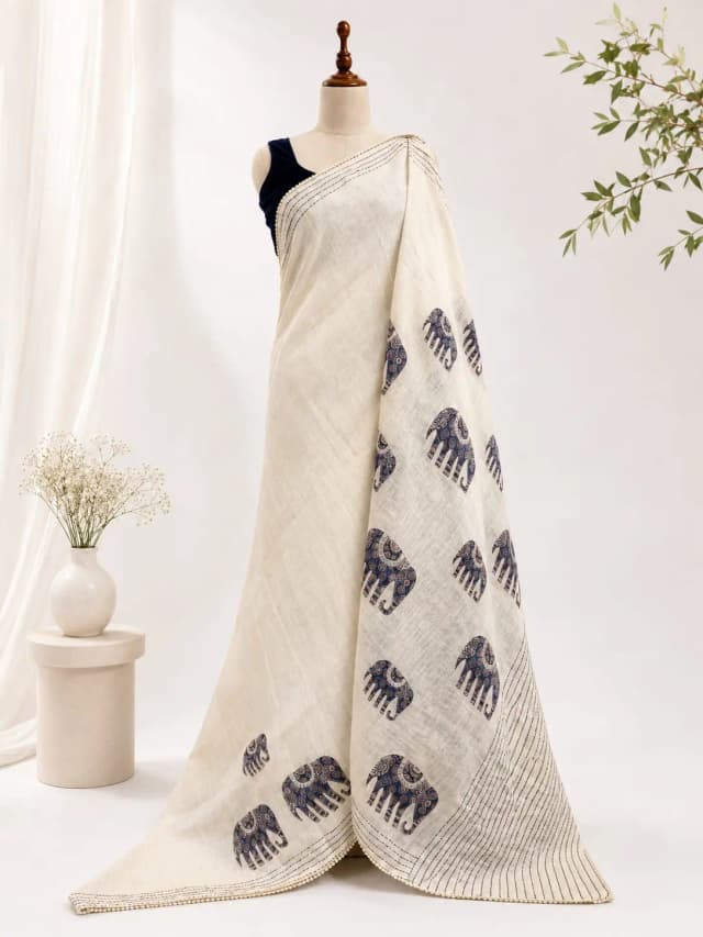 Semi Tussar Saree Baige Colour With Navy Blue Aplic Work AA316479