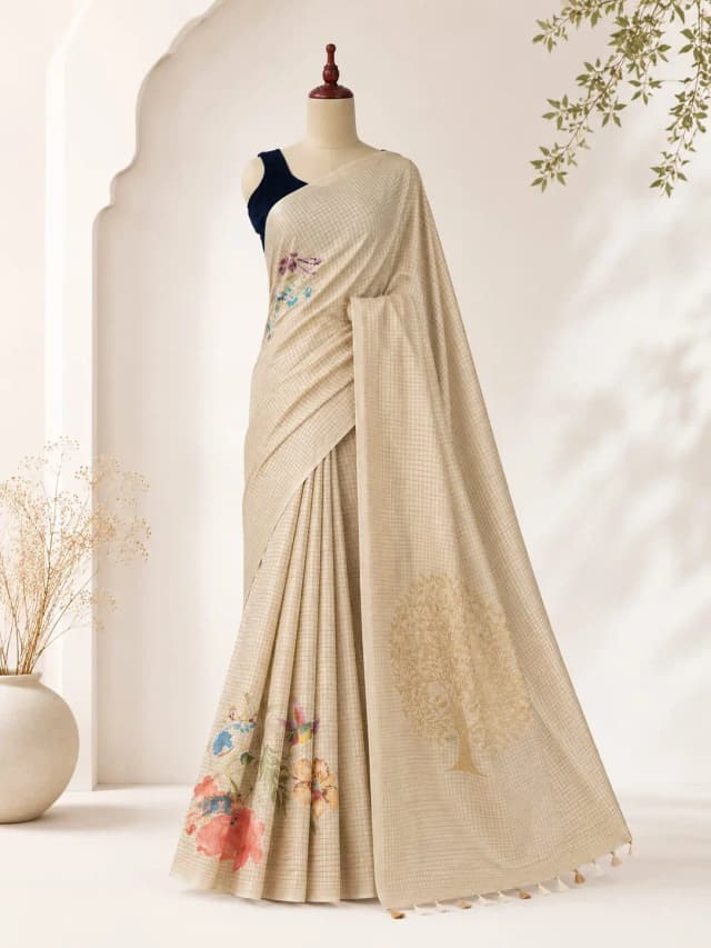 Semi Tussar Saree With Floral Print Beige Colour AA308481