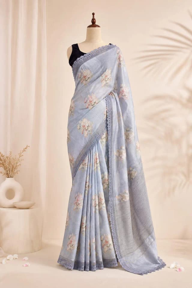 Pure Linen Saree With Lase Border Lavender Colour AA307622