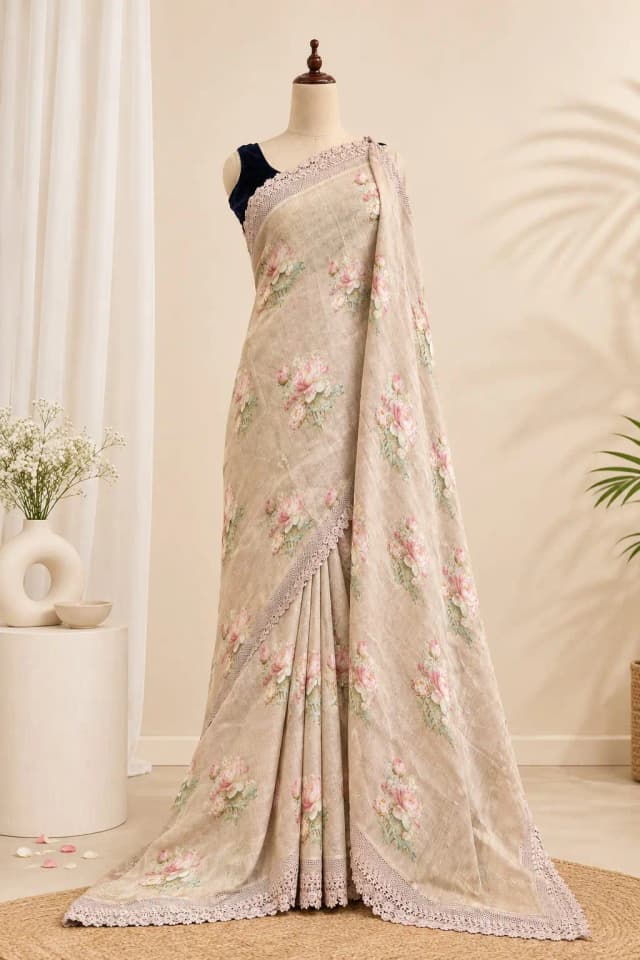 Pure Linen Saree With Lase Border Beige Colour AA307622