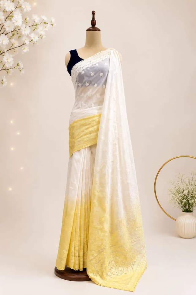 Chiffon Saree White With Yellow Colour AA315611