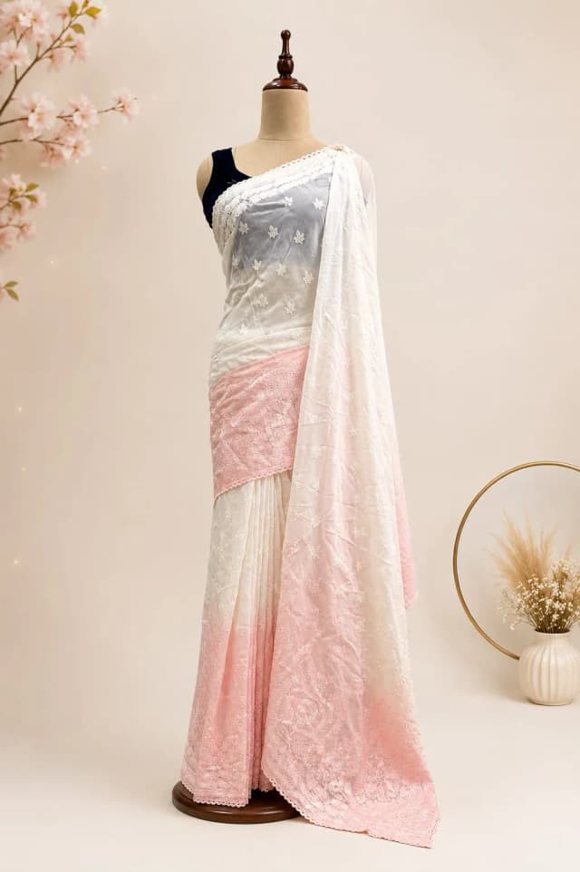 Chiffon Saree White With Peach Colour AA315611