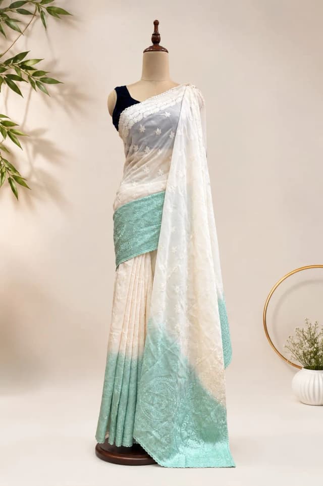 Chiffon Saree White With Teal Green Colour AA315611