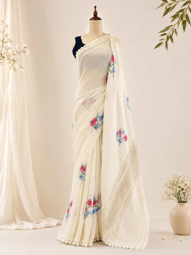 Pure Linen Saree With Lase Border Off White Colour AA307622