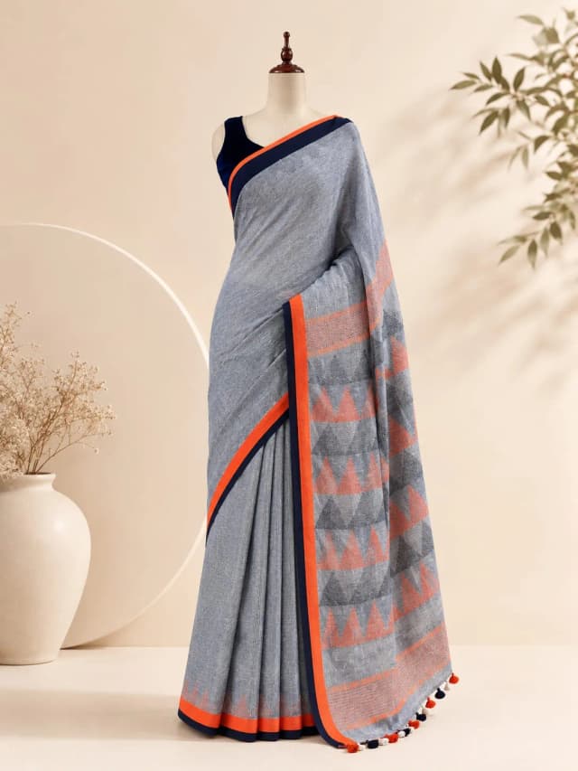 Pure Linen Saree Gray With Black & Orange Border Colour AA315946