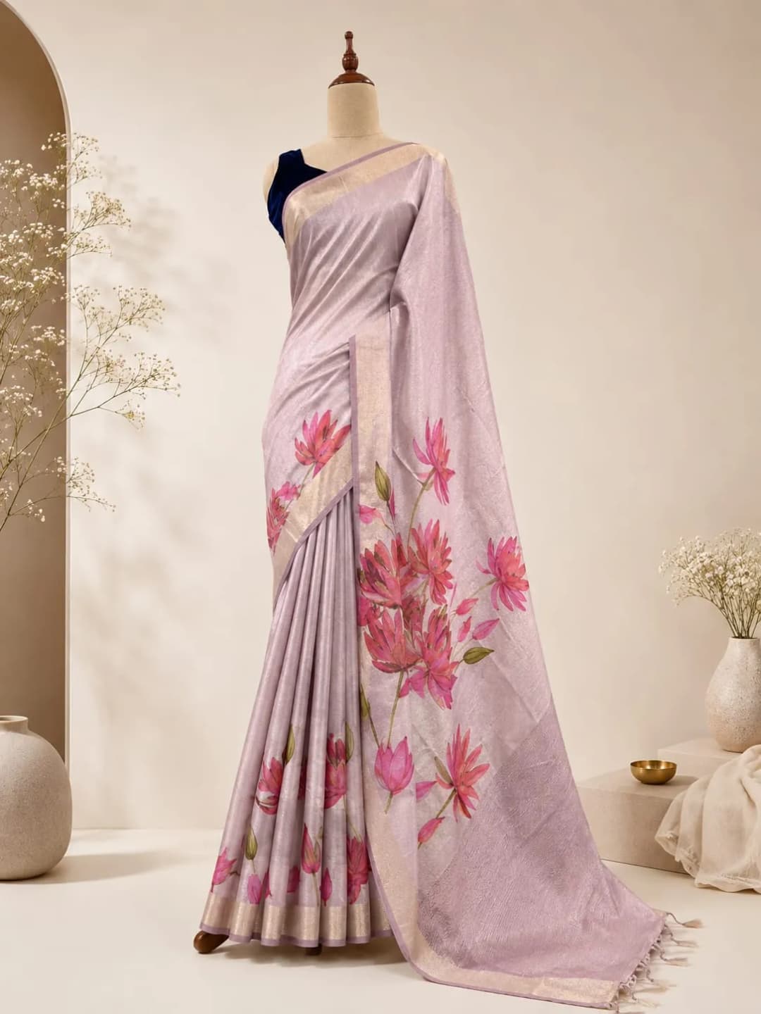 Semi Tussar Saree With Floral Print Pink Colour AA313412