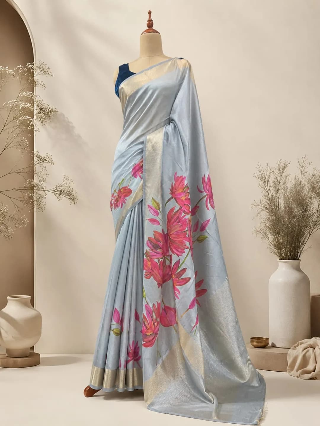 Semi Tussar Saree With Floral Print Blue Colour AA313412