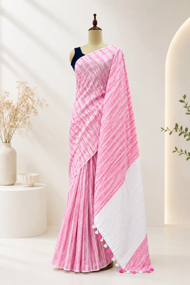 Linen Saree With White & pink Colour AA317779