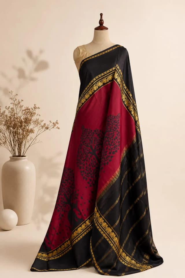 Pure Mysore Silk Crape Saree Black & Maroon AA317769