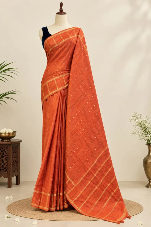 Semi Tussar Saree Rust Orange Colour AA317737