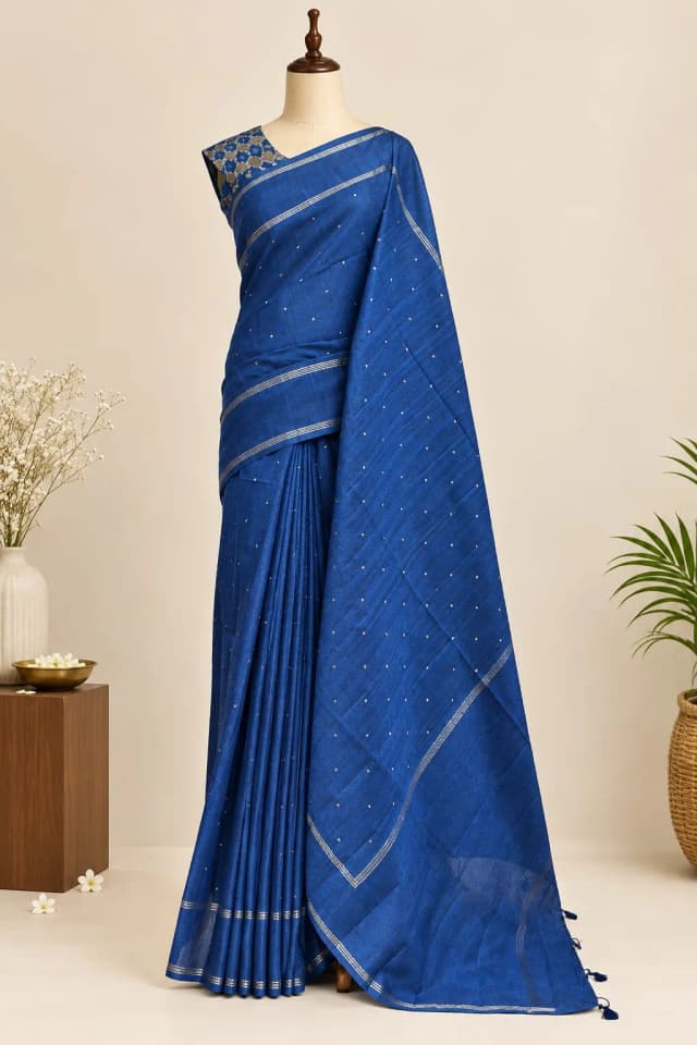 Semi Tussar Saree With Double Blouse Blue Colour AA317700