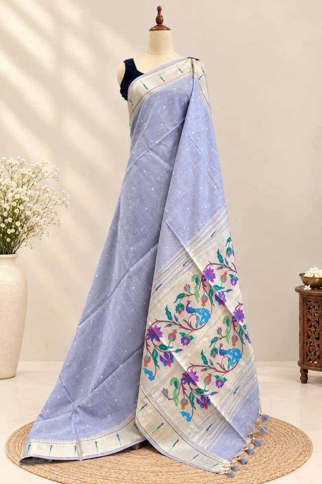 Semi Tussar Saree With Paithani Border Grey AA320070