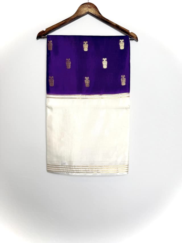 Viscose Crape With Gandaberunda Buttas Purple & White with Gold Zari Work QW202978
