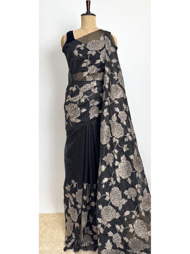 Organza Saree With Aplic Work - Black Colour - QS213061