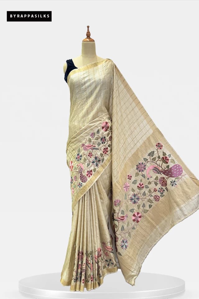 Semi Tussar Saree Embroidery Work Ivory Colour QS286124