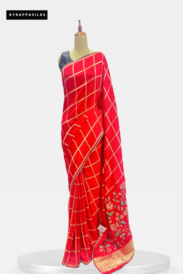 Red Saree Zari Checks & Floral Border QS287938