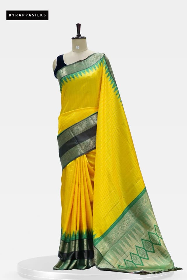 Traditional Tussar Saree Bright Yellow with Green & Black Temple Border QS268576