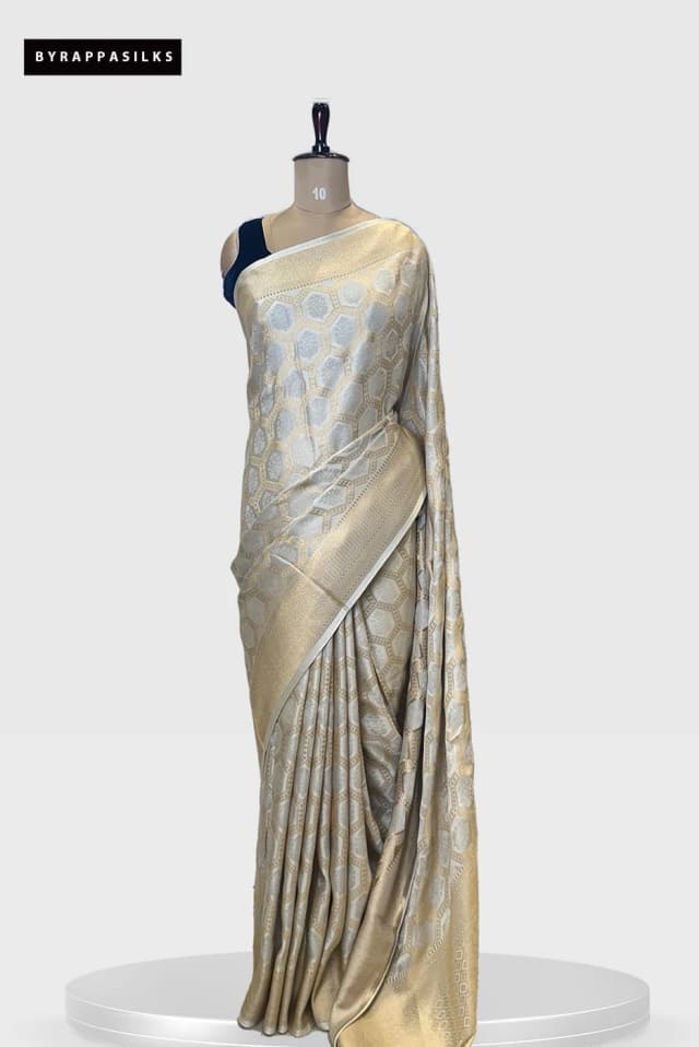 Banarasi Satin Saree Half White with All-Over Geometric Zari QS248937