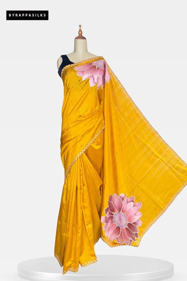 Semi Tussar Saree With Lotus Print Yellow Colour QS286172