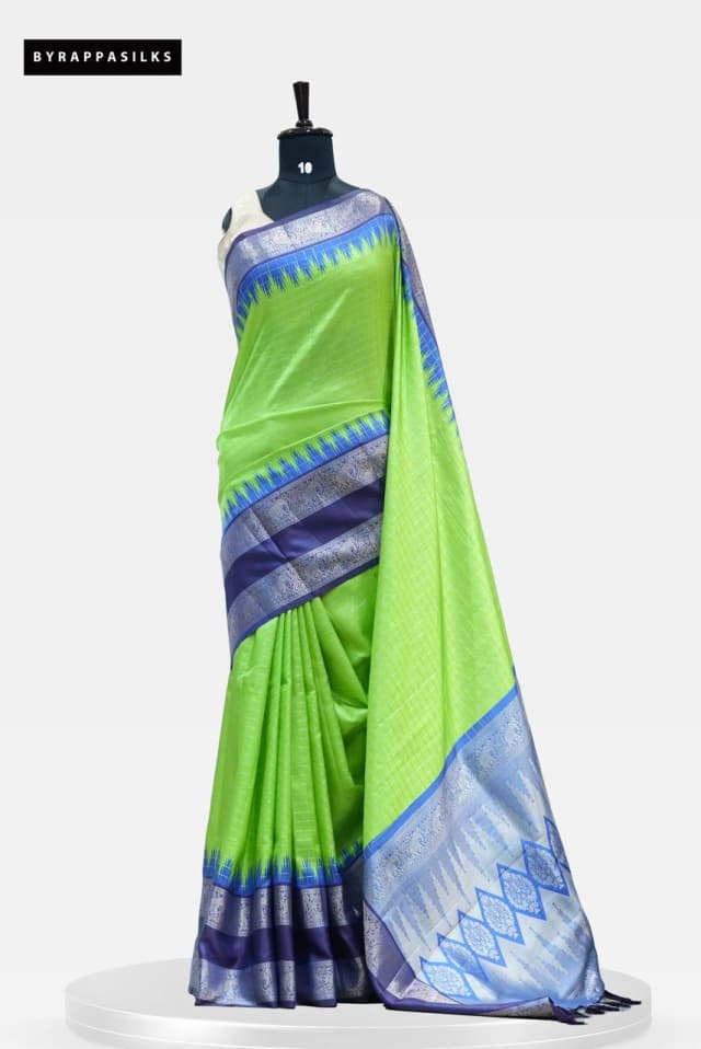 Traditional Tussar Saree Green with Blue & Black Temple Border QS268583