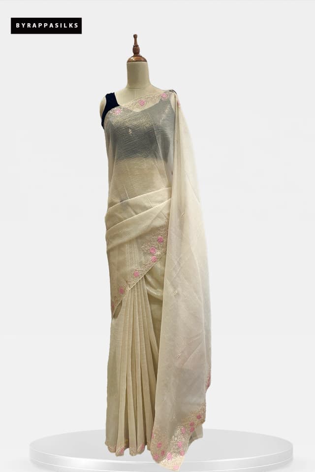 Crushed Organza Beige Saree Floral Design QS290780