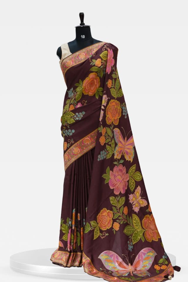 Pashmina Butterfly Motif Banarasi Maroon Floral Print Silk Saree QS244963