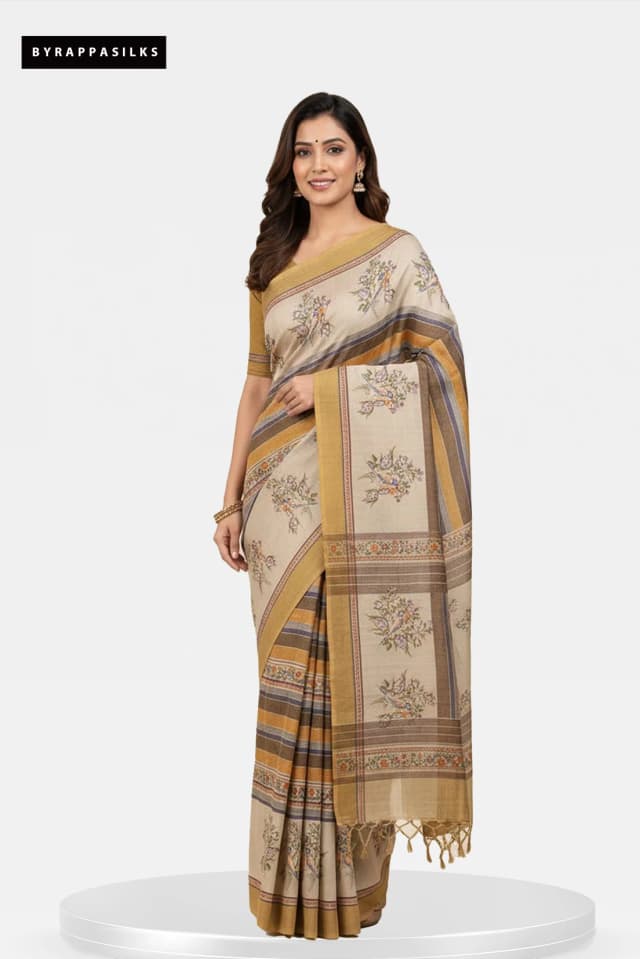 Tussar saree Horizontal Stripes Cream & Mustard Gold Border QS280051