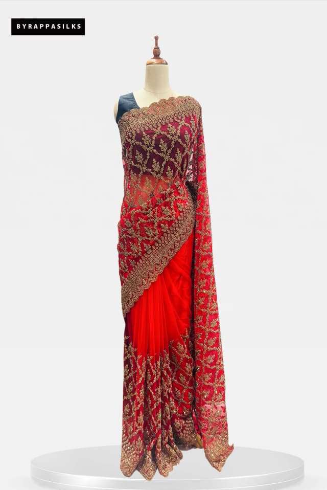 Netted Saree Heavy Work Party Wear Saree Red QS288428