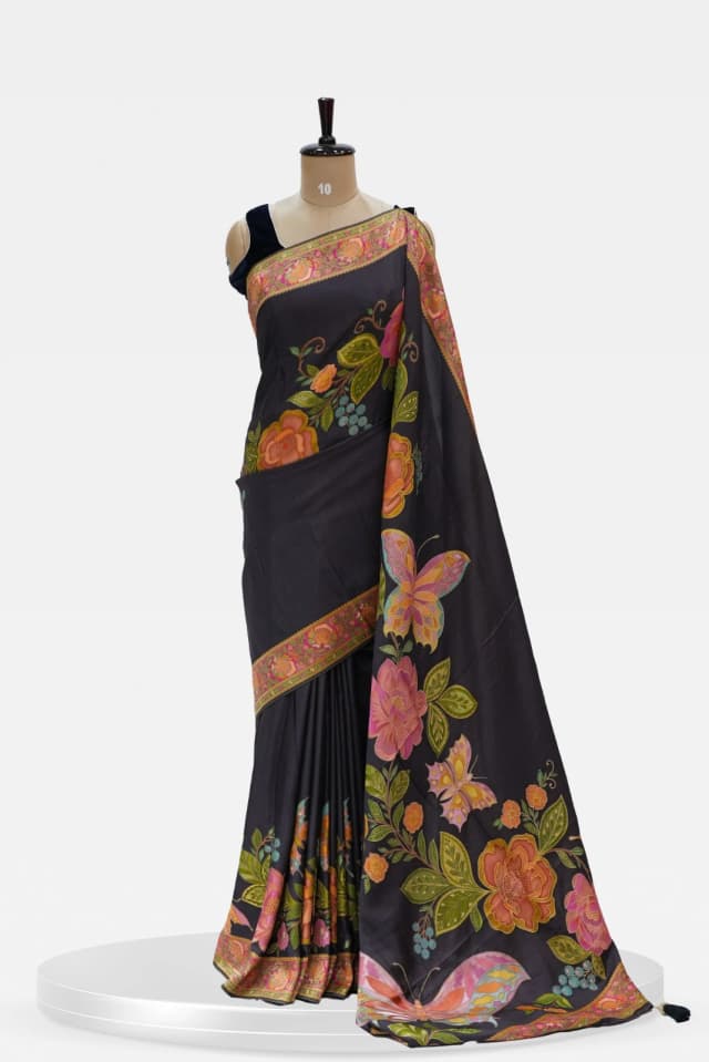 Pashmina Butterfly Motif Banarasi Black Floral Print Silk Saree QS244968
