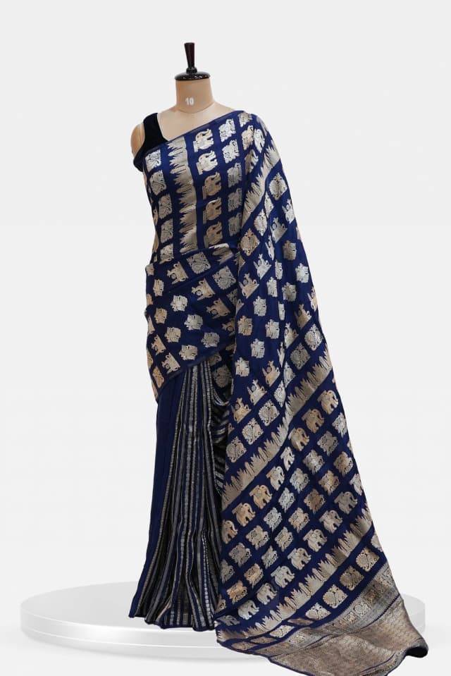 Russian Viscose Saree Royal Blue with Golden Zari Elephant QS243136