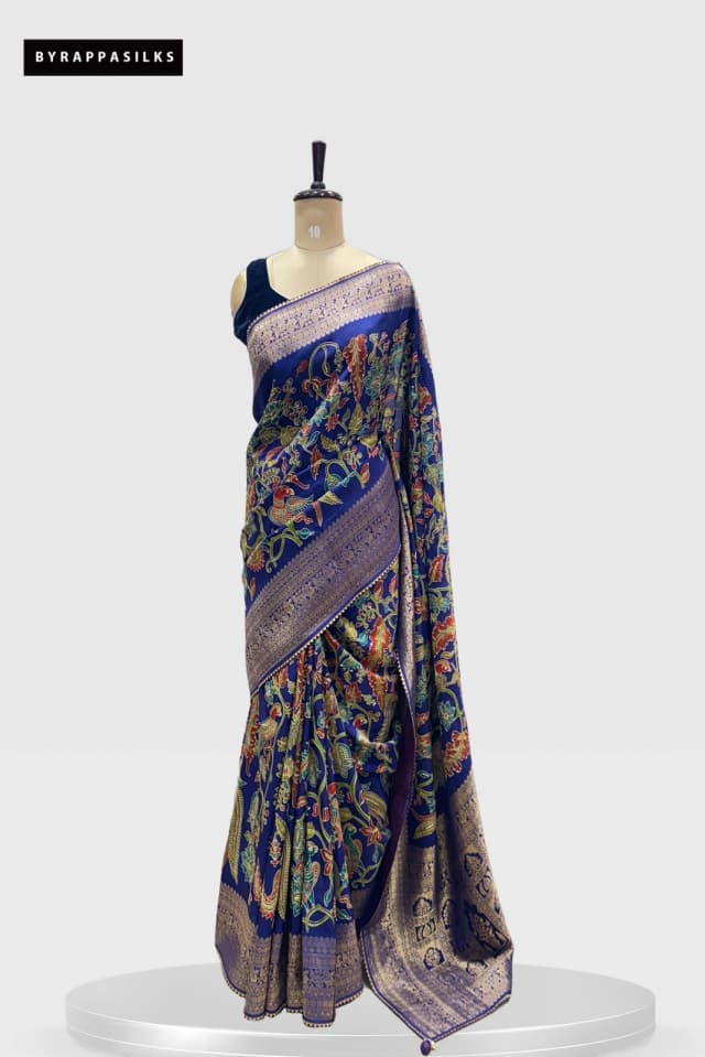 Fancy Banarasi Saree Purple with Golden Zari & Multicolor Floral Bird Design QS254515