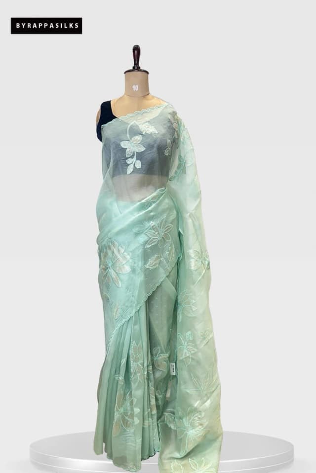 Pure Organza Green Aplic Work Saree. QS280443