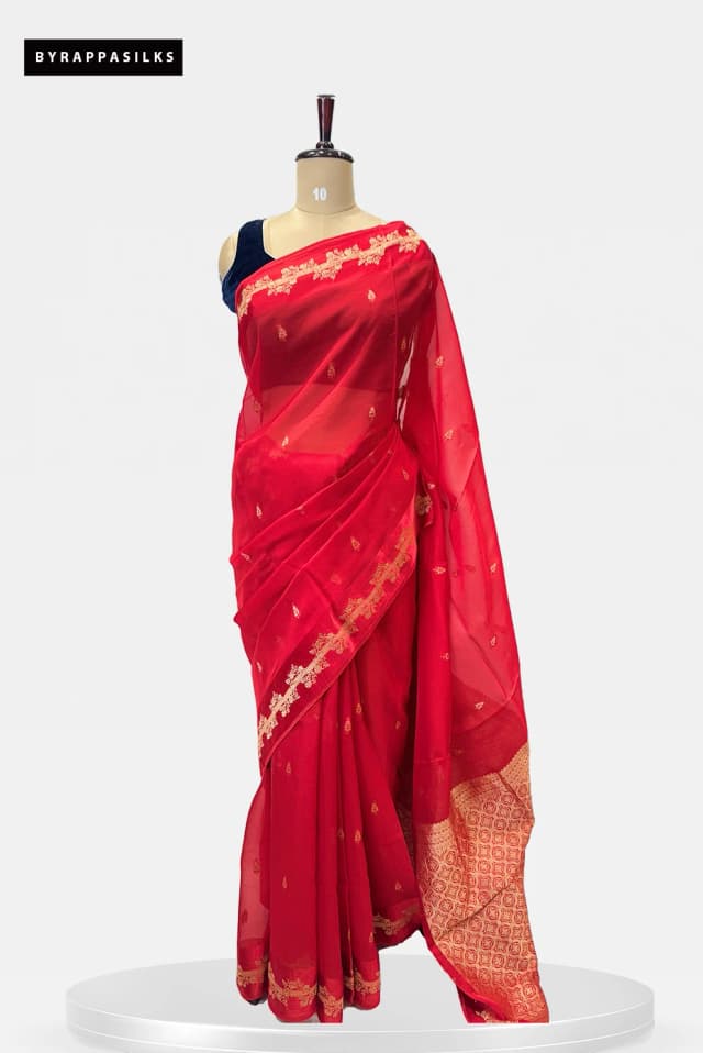 Organza Saree With Satin Banarasi Border Red QS261401