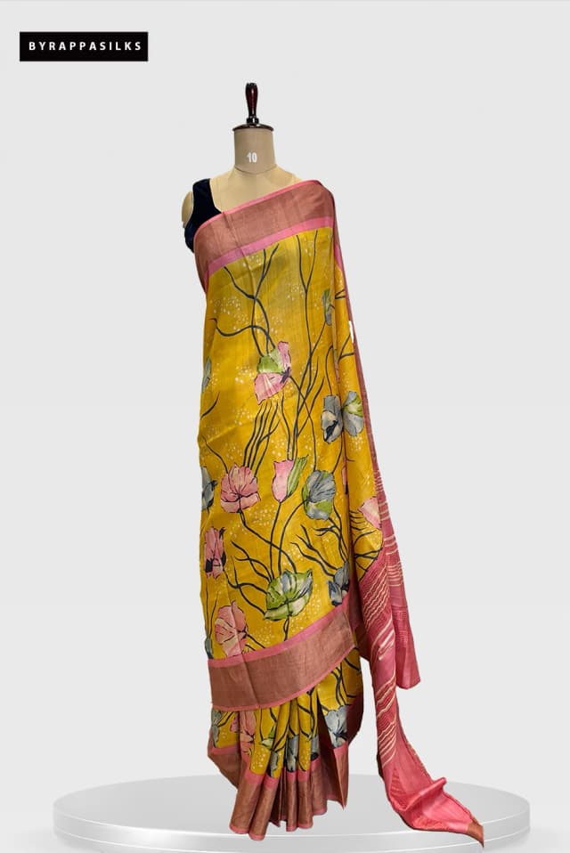 Pure Tussar Saree Yellow Floral With Pink BorderQS276306