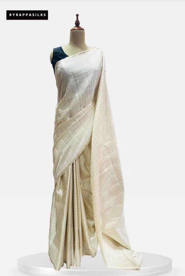 Semi Tussar Saree with Contrast Woven Check Off White QS268002