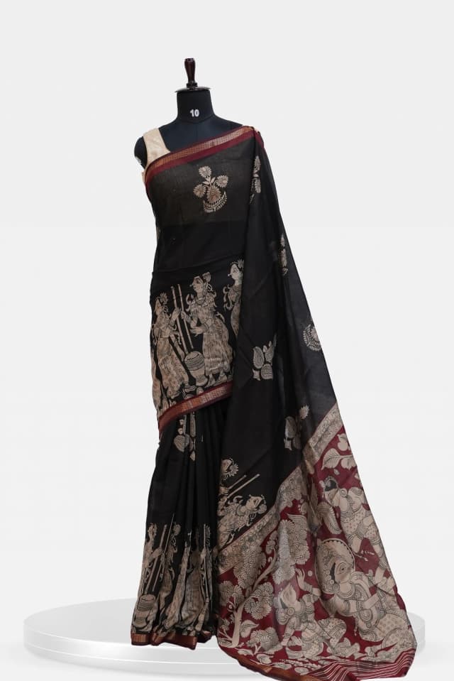Kalamkari Black Silk Saree with Traditional Mythological Motifs QS242541