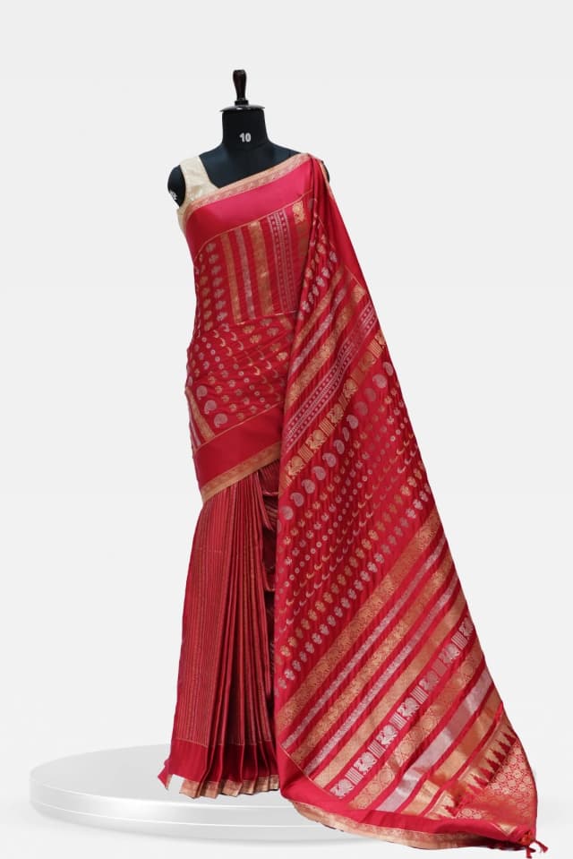 Fancy Banarasi Pink Silk Saree with Golden Zari Border & Traditional Weave QS228695
