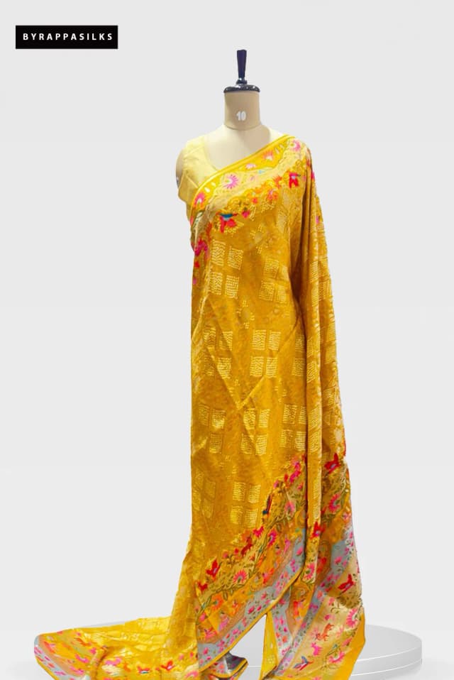 Bandhani Banaras Saree With Meenakari Work Yellow Colour QS286066