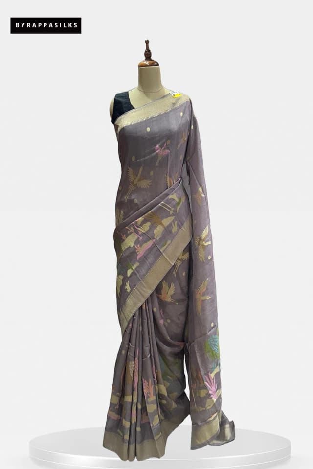 Tussar Saree With Meenakari Work Grey Saree with Bird Design QS287711