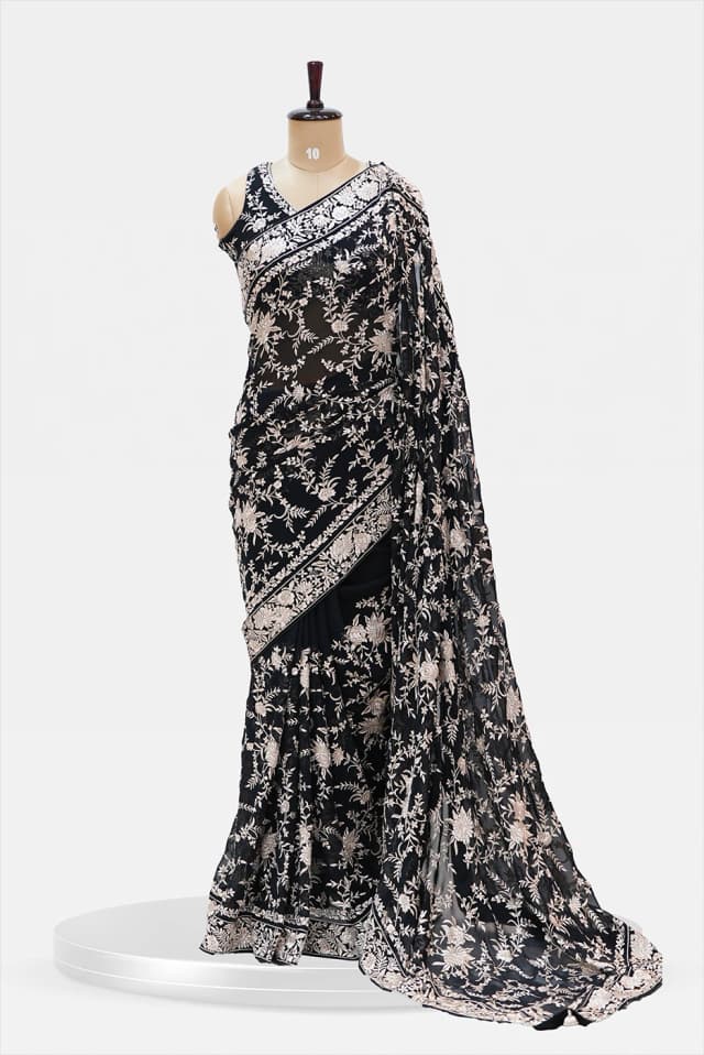 Partywear Banarasi Saree Deep black with blouse - QS246333