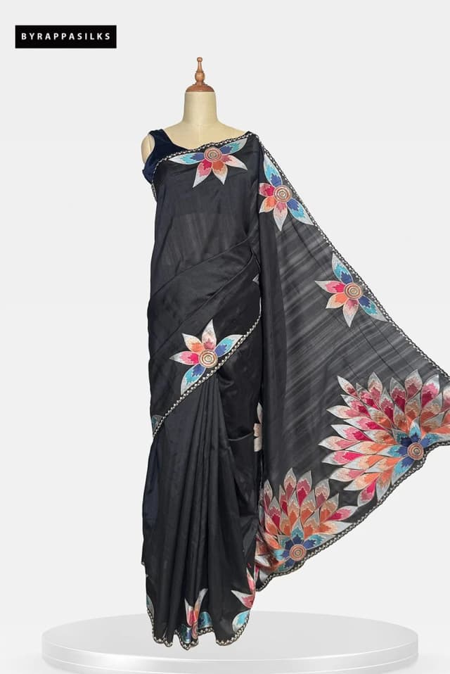 Semi Tussar Saree With Floral Print Black Colour QS286254