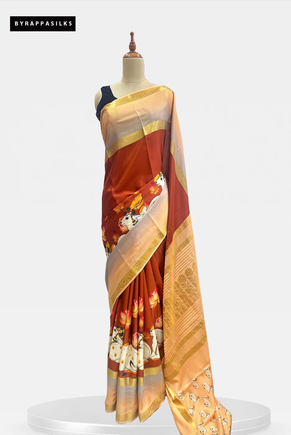 Mysore Silk Pure Crape Saree Rust Orange Pichwai Print QS290886