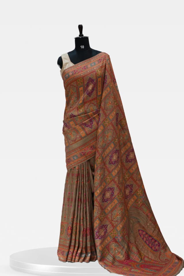 Munga Brown Banarasi Silk Saree with Intricate Prints QS240187
