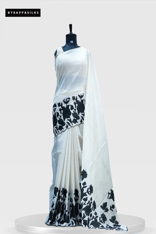 Kota Cotton Saree With Aplic Work Elegant Beige Organza Fabric with Black Cut work Floral Border QS264246